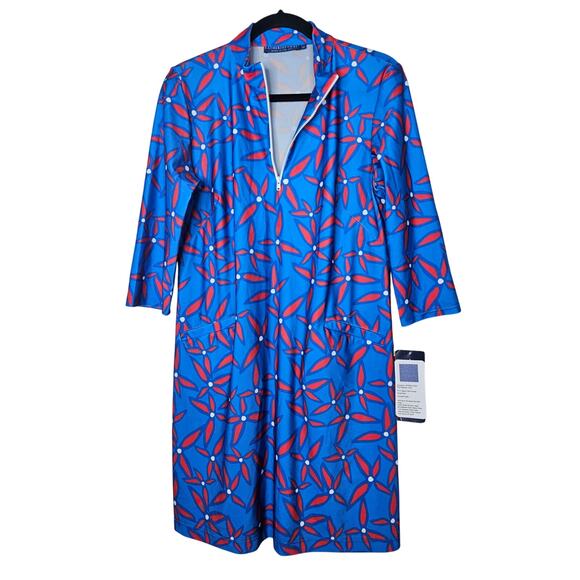 NEW Katherine Way M Blue Red UPF Dress Preppy Golf Active Stretch Flower - Picture 1 of 5